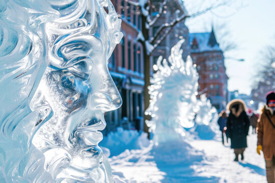 Carnaval de Quebec en Canadá: Escena de invierno con esculturas de hielo y desfiles