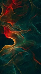 Obraz premium Abstract image of colorful smoke swirls in red, orange, and teal hues on a black background, ideal for creative backgrounds or wallpapers