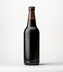 A brown beer bottle on a white background, in the style of light black and crimson