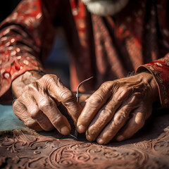 A close-up of a tailor's hands sewing intricate patterns.