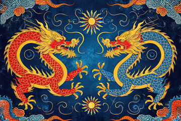 Año Nuevo Chino: Ilustración colorida con elementos tradicionales chinos, como dragones y linternas
