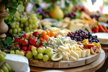 Rustic display of various Artisanal Cheeses with fruits , cheeseboard , wedding ,reception, holidays, catering