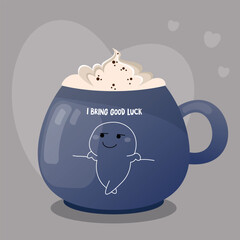Blue cappuccino cup with the text I bring good luck. Vector illustration EPS10