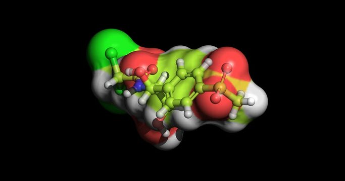 Thiamphenicol, broad-spectrum antibacterial drug, 3D molecule spinning, 4K
