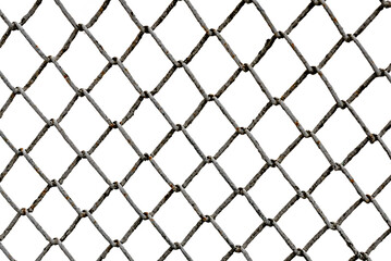 Naklejka premium The texture of the metal mesh on a white background. Torn steel, metal mesh with holes