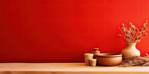 Fototapeta premium Wooden furniture and red wall backdrop for food and kitchen product display, tabletop banner, mockup presentation background.