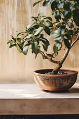 Bonsai tree in a clay pot on a white table.