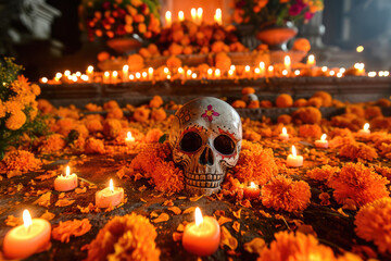 Día de los Muertos en México: Ofrenda con calaveras , flores y velas  - obrazy, fototapety, plakaty