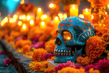 Día de los Muertos en México: Ofrenda con calaveras , flores y velas 