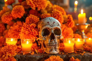 Día de los Muertos en México: Ofrenda con calaveras , flores y velas  - obrazy, fototapety, plakaty