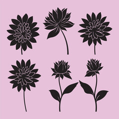 Fototapeta na wymiar Dahlia flower set black silhouette Clip art vector