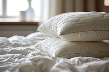 Fototapeta na wymiar Detalle de almohadas mullidas y sábanas suaves para resaltar la comodidad del descanso adecuado