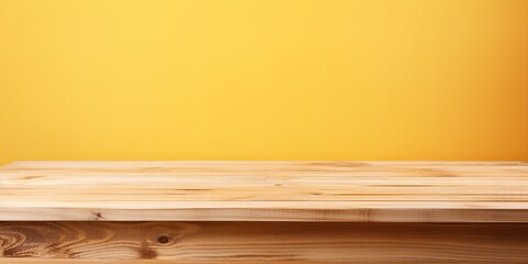 Wooden table top on pastel yellow background, suitable for displaying or arranging products.