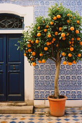 Oranges on a tree in front of a blue door in the old town of Chefchaouen, Morocco