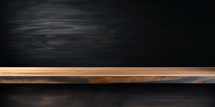 Empty wooden table with blurred black wall backdrop for product display.