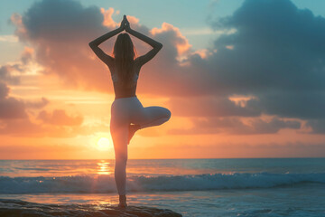 Fototapeta na wymiar A woman doing a yoga pose at the beach during sunset
