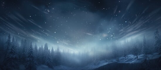 Snowflakes falling on a dark winter landscape with an abstract blizzard and light rays.