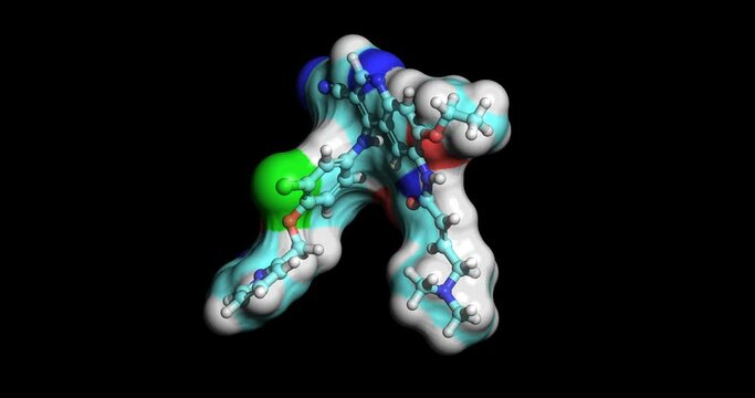 Neratinib, protein kinase inhibitor breast cancer drug, 3D molecule spinning on Y-axis, 4K