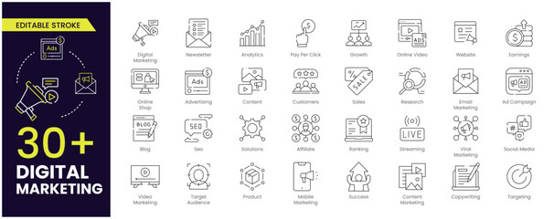 Digital marketing stroke icon set. Containing seo, content, website, social media, sales and online advertising. outline editable stroke symbol collection.