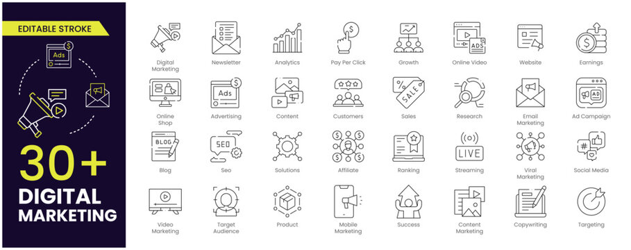 Digital marketing stroke icon set. Containing seo, content, website, social media, sales and online advertising. outline editable stroke symbol collection.