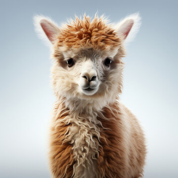 Beautiful portrait of a baby alpaca on a blue background