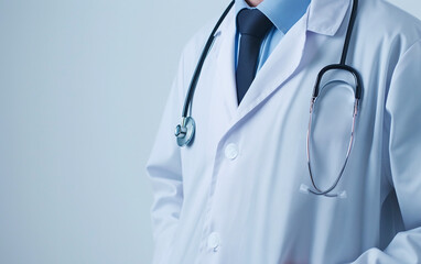 Close-up of doctor wearing a white coat and a stethoscope hangs from his neck. Copy space for text.