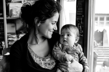 Espacios de Lactancia: Fotografía de madre dando el pecho a su hija recién nacida en espacios dedicados para madres lactantes en el trabajo - obrazy, fototapety, plakaty
