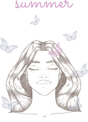 Vector contour drawing of a beautiful girl with butterflies and the inscription Summer. In harmony with nature