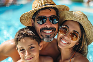 Selfi familiar de una familia con niños disfrutando de sus vacaciones de verano en una playa paradisíaca en el Caribe, día soleado, agua cristalina 