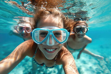 Niños buceando junto a peces en una playa de Aguas cristalinas en sus vacaciones familiares de verano