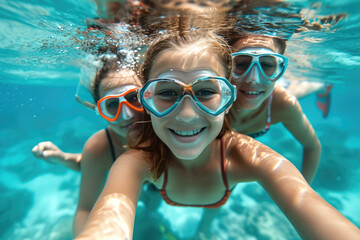 Niños buceando junto a peces en una playa de Aguas cristalinas en sus vacaciones familiares de verano - obrazy, fototapety, plakaty