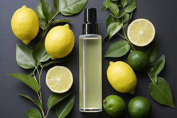 Natural cosmetic oil or essence or tonic in a bottle, with fresh green leaves and lemon on a dark...