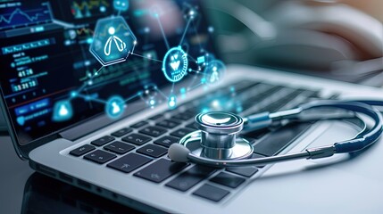 Medical technology, online health, telemedicine concept. Doctor working on digital tablet and laptop computer, electronic health record in hospital with icons on virtual screen