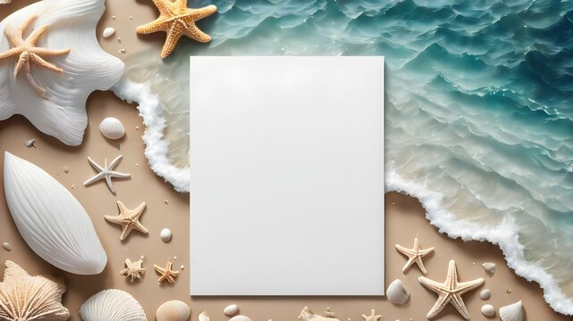 Blank paper on the background of the sea with sand, shells and starfish, empty note for holidays on beach