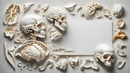 Parts of human anatomy and bones with white blank sheet of paper, blank note, clear note with white background.