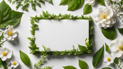 A white sheet of paper in a frame of leaves is surrounded by plants and flowers on a white background. Blank for text