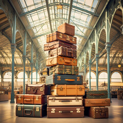 A stack of antique suitcases in a vintage train station.