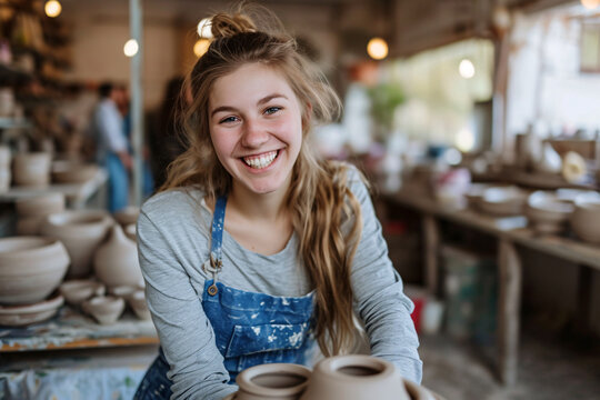 A young woman smiling in a pottery class - Powered by Adobe