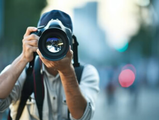 Professional photographer taking picture with professional camera in city. Focus on camera