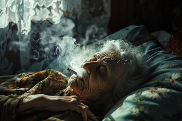 An elderly woman fell asleep in her bed with a cigarette in her mouth