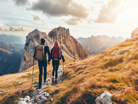 Hiking couple with backpacks and trekking poles in the mountains