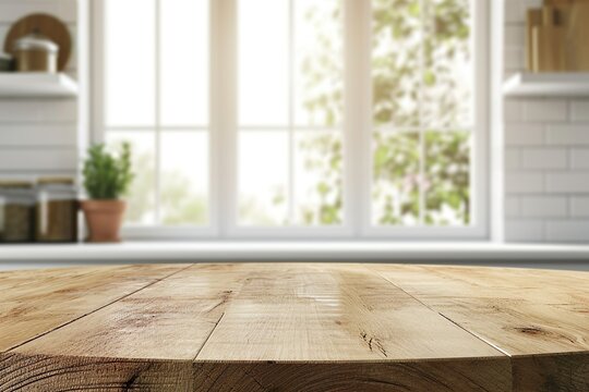 Empty beautiful wood tabletop counter and blur bokeh modern kitchen interior background in clean and bright, Banner, Ready for product montage.
