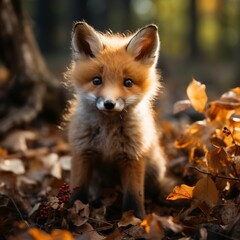Naklejka na ściany i meble Photo of a curious baby fox exploring the forest. Generative AI