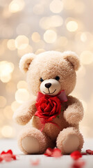 Super cute teddy bear toy and red rose, soft champagne colors created with Generative Ai