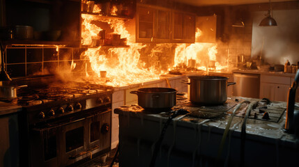 Obraz premium A fictional burning Scandinavian style minimalist kitchen on fire - kitchen safety fire hazard concept