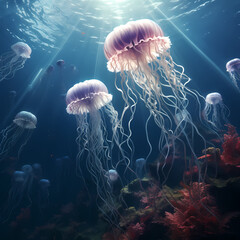 A surreal underwater scene with floating jellyfish.