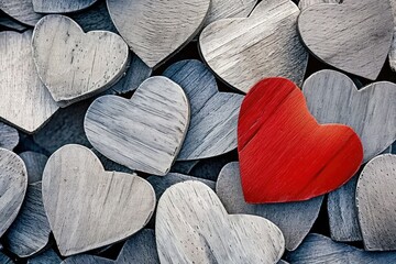 Red heart is placed in the middle of wooden hearts, in the style of collage-like, light gray, light...