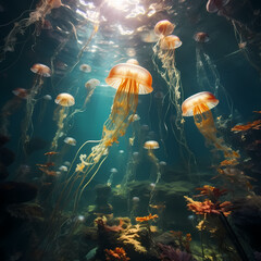 Fototapeta na wymiar A surreal underwater scene with floating jellyfish.