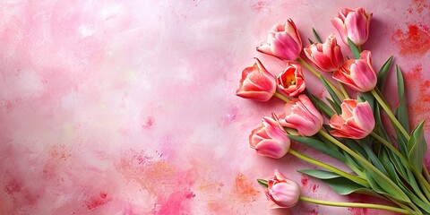Mother's Day concept. Top view photo of bouquet of pink tulips on isolated pastel pink background with copy space