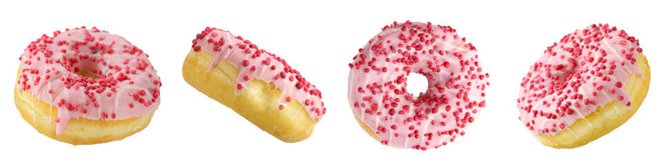 Set of Pink American strawberry doughnut with pink sprinkles shooting in difference angle isolated...